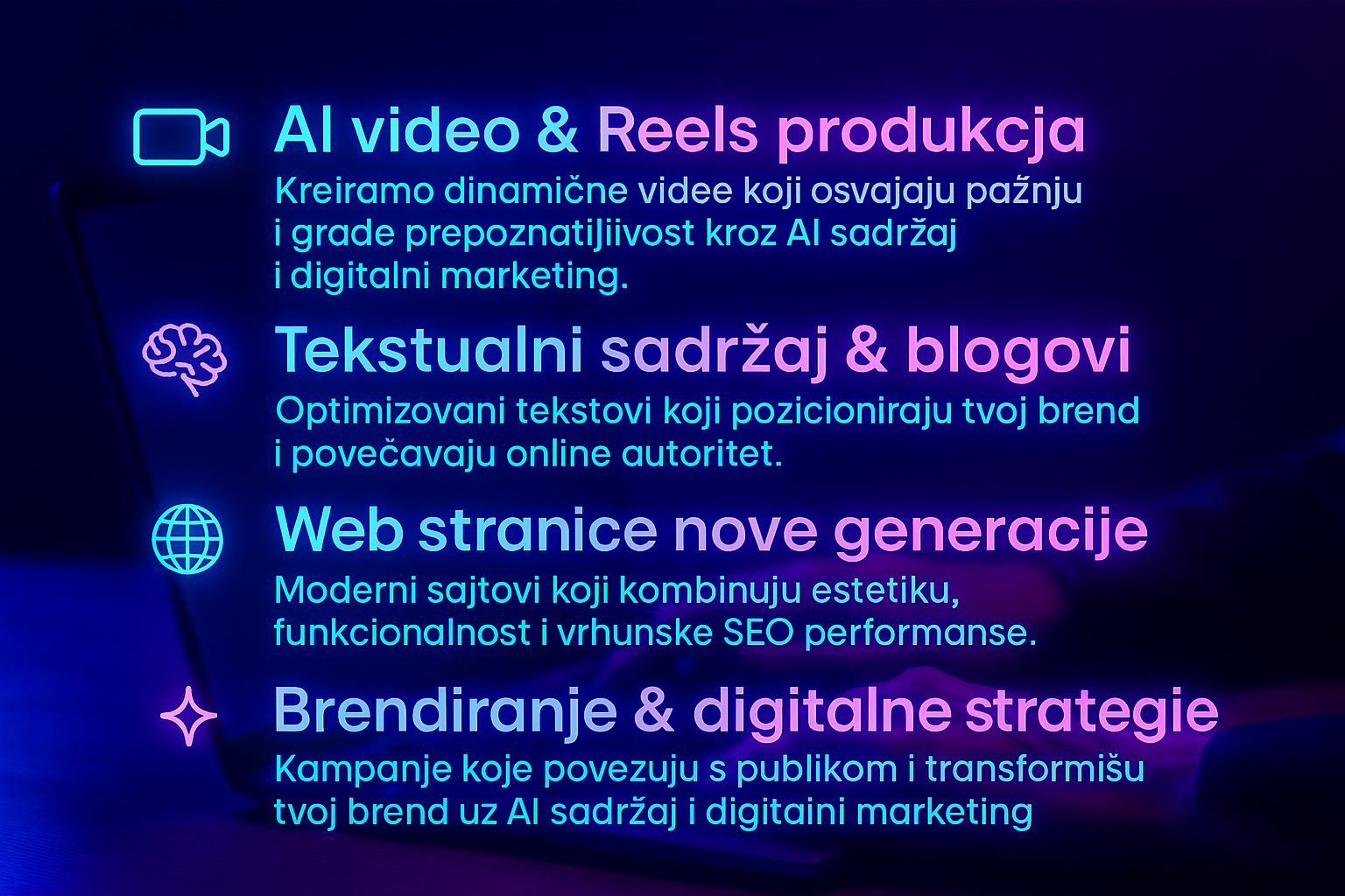 AI sadržaj i digitalni marketing — video produkcija, tekstualni sadržaj, web dizajn i brendiranje — ZANA C. AI Studio